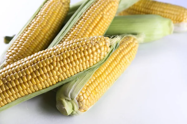 Cobs of ripe raw corn, isolated on white. Healthy summer food concept. Fresh uncooked corncob. Clean eating habits. Background, top view, close up, flat lay, copy space.