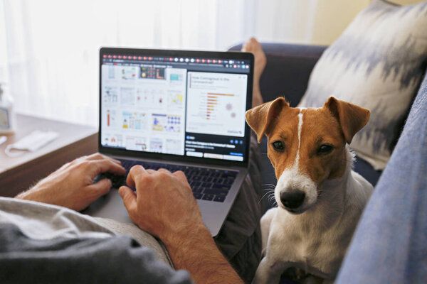 Крупный план взрослого мужчины, работающего дома из-за концепции коронавирусного карантина. Мужчина сидит на диване со своей собакой и ноутбуком. Джек Рассел терьер щенок с владельцем. Фон, копировальное пространство
.