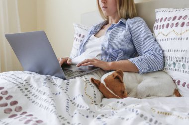 Coronavirus karantinası nedeniyle dizüstü bilgisayarında evinden uzakta çalışan genç bir kadının yakın çekim görüntüsü. Jack Russell Terrier köpeğiyle serbest çalışan bir kadın. Boşluğu kopyala, arkaplan,