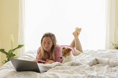 Coronavirus karantinası nedeniyle dizüstü bilgisayarında evinden uzakta çalışan genç bir kadının yakın çekim görüntüsü. Jack Russell Terrier köpeğiyle serbest çalışan bir kadın. Boşluğu kopyala, arkaplan,