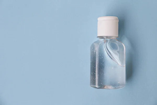 Close Shot Plastic Bottle Antibacterial Liquid Translucent Sanitizer Gel Blue — Stock Photo, Image
