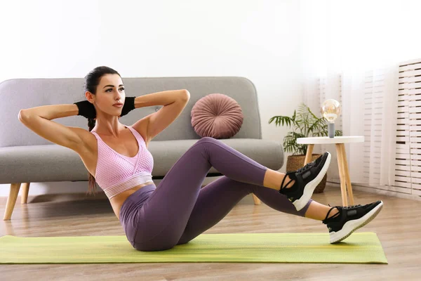 Stay Home Workout Concept Young Attractive Female Performing Bodyweight Fitness — Stock Photo, Image