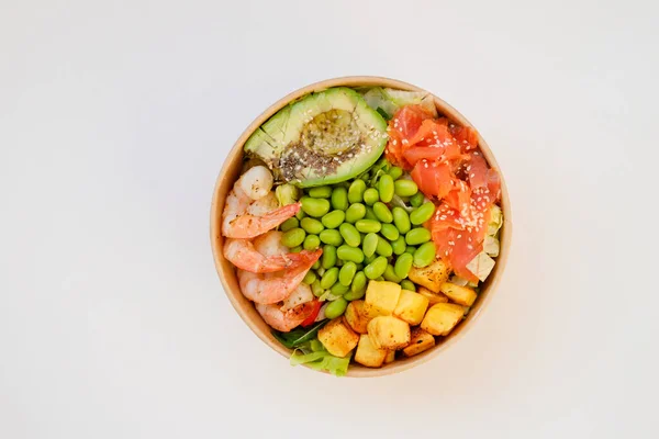 Comer Limpio Concepto Dieta Tazón Mariscos Vegetarianos Con Salmón Ahumado —  Fotos de Stock