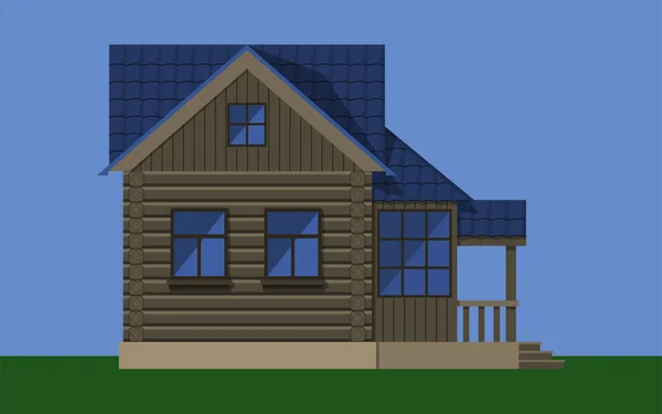 Chalet en bois avec un toit bleu — Image vectorielle