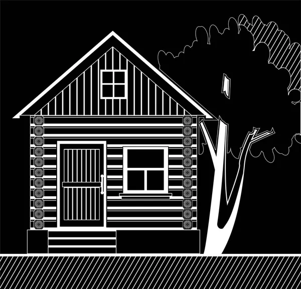 Casa de madera blanca con un árbol sobre un fondo negro — Vector de stock