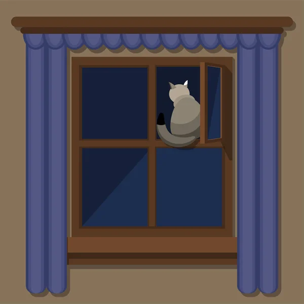 Gato Gris Sentado Hoja Ventana Por Noche — Vector de stock