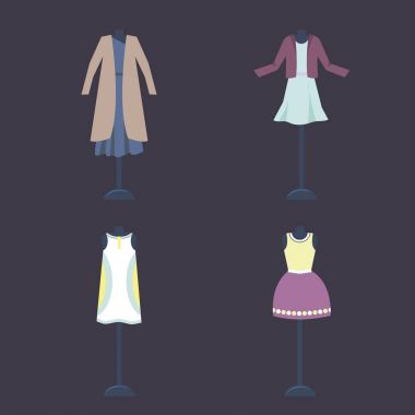 Bir manken üzerinde kadın vintage giyim koleksiyonu.