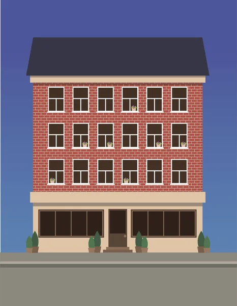 Κατοικημένη πολυόροφο σπίτι φτιαγμένο από κόκκινο τούβλο με ένα κατάστημα στον 1ο όροφο. — Διανυσματικό Αρχείο
