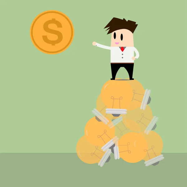 Empresario con idea de bombilla para obtener dinero.Concepto de negocio — Vector de stock