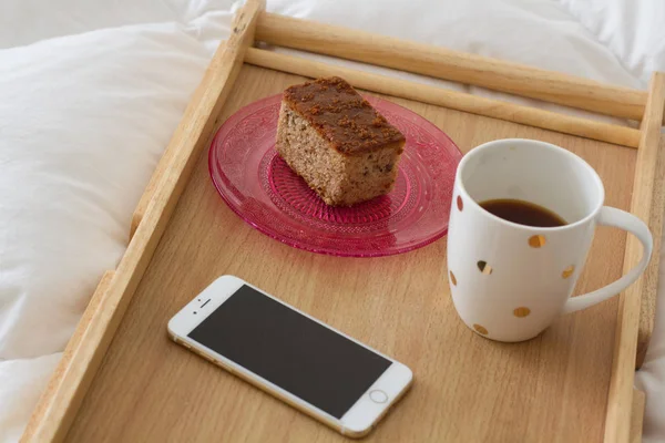 Breakfast in bed, healthy food, coffee — Stock Photo, Image