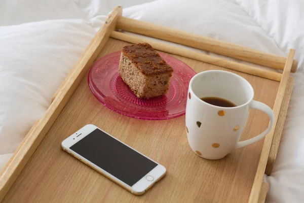 Breakfast in bed, healthy food, coffee — Stock Photo, Image