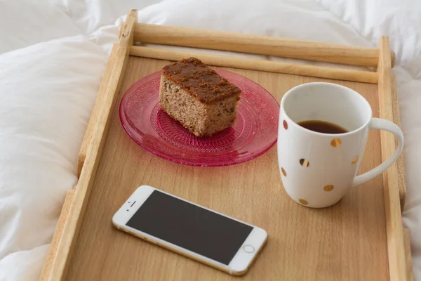 Breakfast in bed, healthy food, coffee — Stock Photo, Image