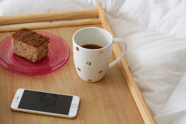 Breakfast in bed, healthy food, coffee — Stock Photo, Image