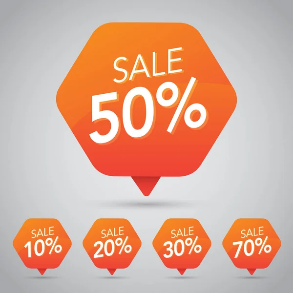 10%, 15% 20%, 25%, 30%, 35%, 45%, 50%, 65%, 70% Verkauf, Scheibe, aus auf fröhlich orangefarbenem Etikett für Marketing Einzelhandel Element Design — Stockvektor