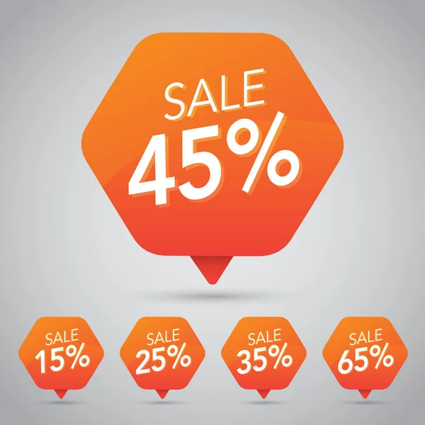 10%, 15% 20%, 25%, 30%, 35%, 45%, 50%, 65%, 70% 판매, 디스크, 떨어져 밝은 오렌지 태그에 소매 요소 디자인 마케팅에 대 한 — 스톡 벡터