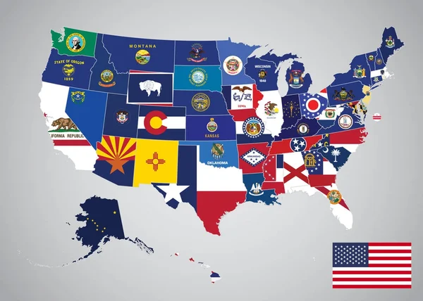 Estados Unidos com Estados e Mapa da Bandeira da Capital — Vetor de Stock