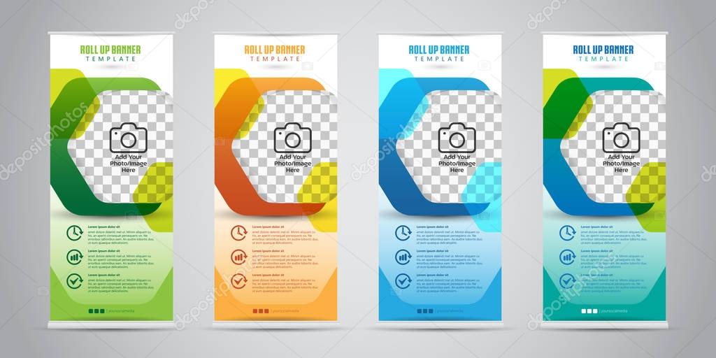 Business Roll Up Banner with 4 Various Color. Standee Design. Banner Template. Vector Illustration