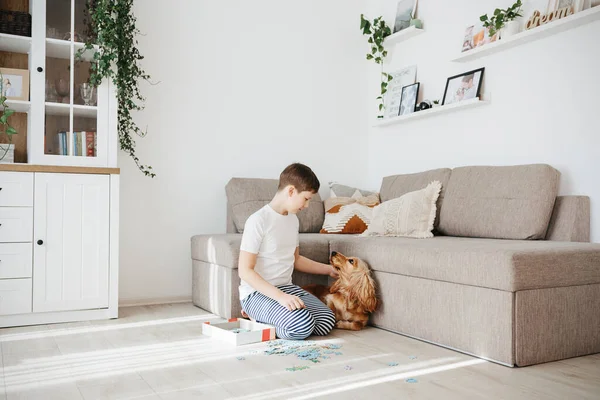Years Boy Playing Puzzles Home Child Connecting Jigsaw Puzzle Pieces — Stock Photo, Image