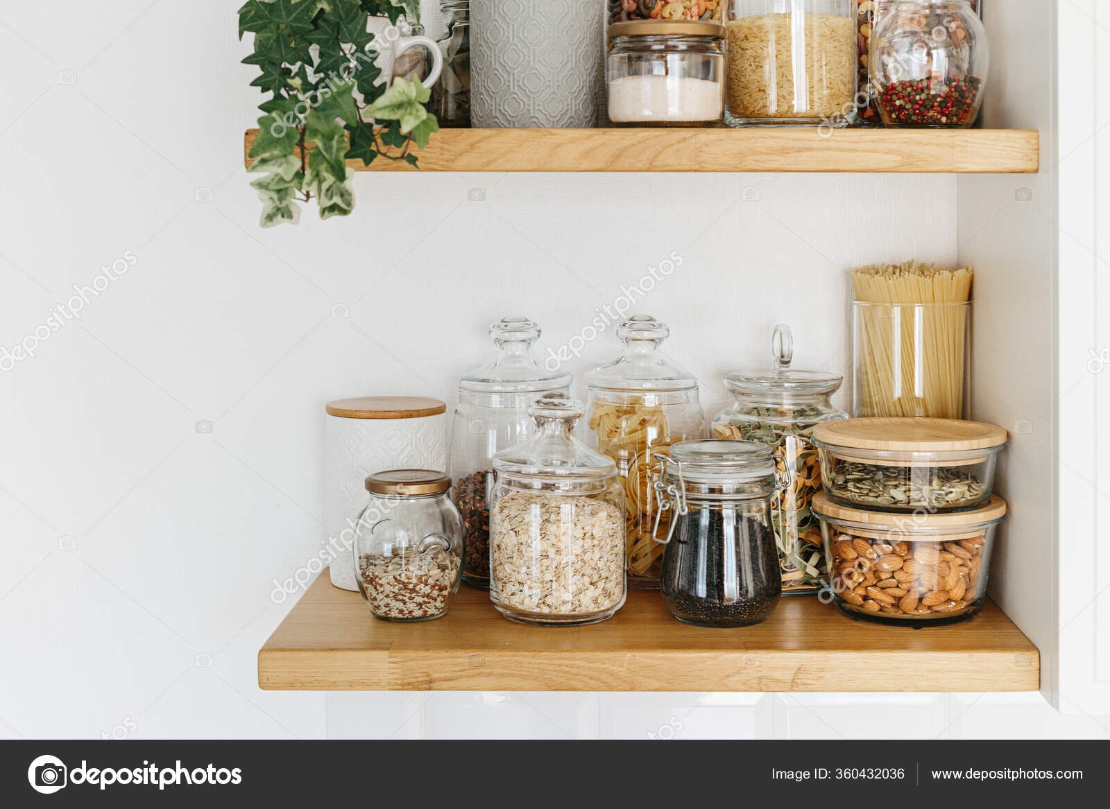Various Cereals Seeds Glass Jars Shelves Kitchen Kitchen Interior