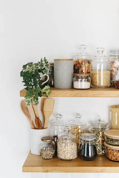 Various Cereals Seeds Glass Jars Shelves Kitchen Kitchen Interior Ideas — Stock Photo, Image