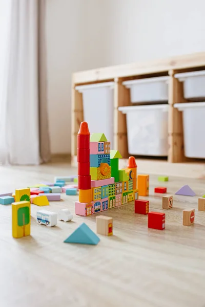 Colorful Wooden Building Blocks Floor Children Room Selective Focus — Stock Photo, Image