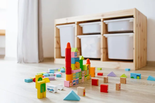 Colorful Wooden Building Blocks Floor Children Room Selective Focus — Stock Photo, Image