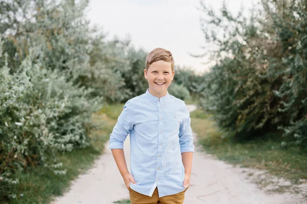 Portrait Years Caucasian Boy Blonde Hair Standing Path Trees Holiday — Stock Photo, Image