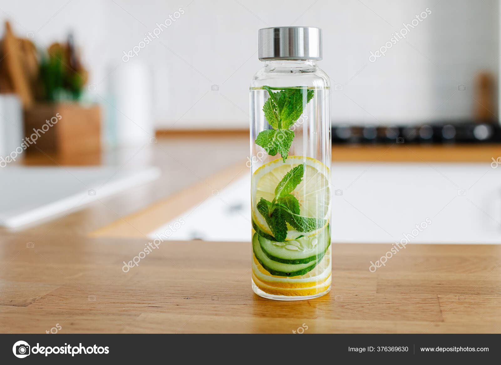 Iinfused Detox Water Cucumber Lemon Mint Glass Botlle Kitchen Background  Stock Photo by ©switlanasymonenko 376369630