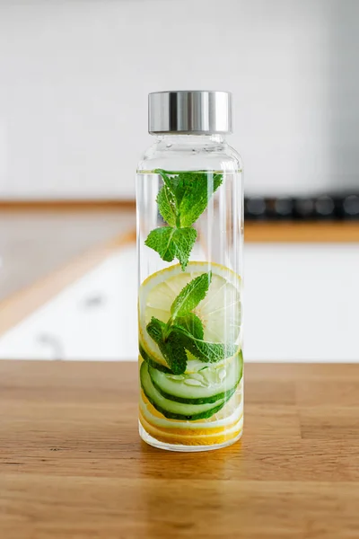 Iinfused Detox Water Cucumber Lemon Mint Glass Botlle Kitchen Background — Stock Photo, Image