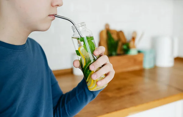 Teenager Boy Drinking Infused Detox Water Cucumber Lemon Mint Glass — Stock Photo, Image