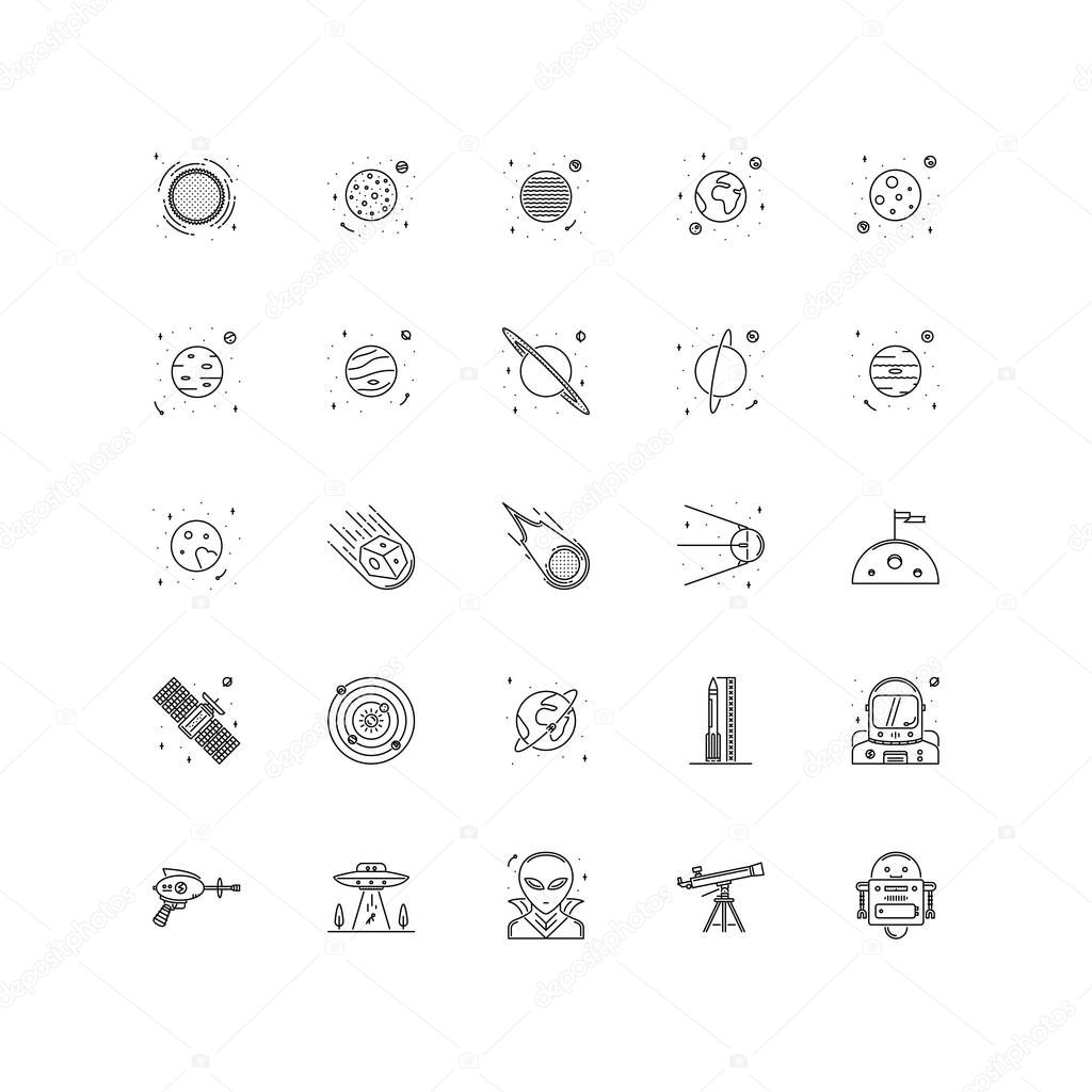  space 25 outline icons. 64x64 grid.