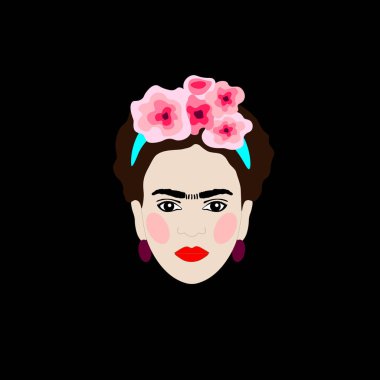 İlham Frida Kahlo, Meksikalı kadın, vektör izole. Meksikalı ya da İspanyol kadın portresi. Küpeli ve kırmızı çiçekli Frida Kahlo.