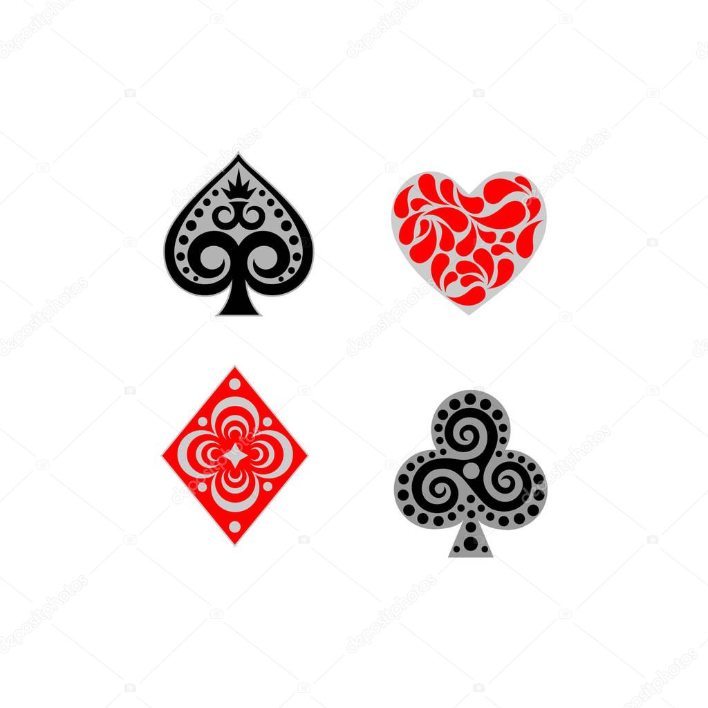 Set of hearts, spades, clubs and diamonds. Playing card suits, spade, heart, club and diamond vector set for your design or logo. Set of playing card casino symbol. Vector illustration.
