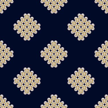 İnci ve mücevherlerle kusursuz desen. 3d Vektör illüstrasyonu. Koyu mavi arka planda beyaz inciler. Tekstil deseni, parmak izi deseni. Moda illüstrasyonu, moda baskısı. 
