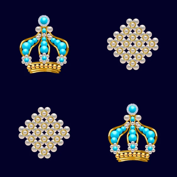 Motif Sans Couture Avec Couronnes Dorées Perles Perles Bijoux Broches — Image vectorielle