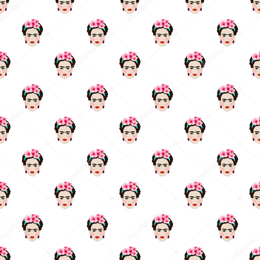 Seamless pattern. Frida Kahlo vector portrait. Mexican woman, vector isolated on a white background. Vector illustration for fabric design, print for textile, scarf, underwear, packaging, scrapbooking, etc. Textile pattern, print pattern.