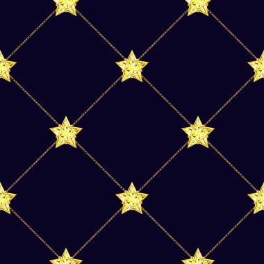 Mücevherleri, kristal yıldızları ve koyu mavi arka planda altın zincirleri olan kusursuz bir desen. Tekstil deseni, kumaş tasarımı için desen 33d vektör çizimi, tekstil için baskı, hatıra defteri, vs..