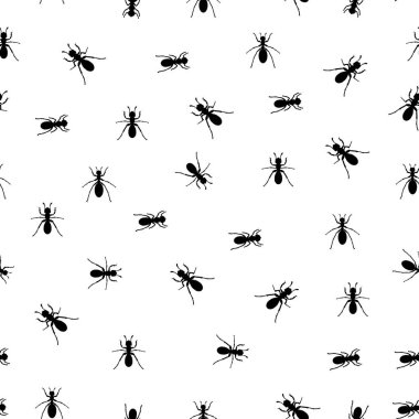 Kusursuz desen. Beyaz arka planda siyah karıncalar olan yaratıcı tasarım. Vektör çizimi. Siyah beyaz bir böcek gibi. Tekstil deseni, parmak izi deseni. Siyah karıncalar, böcek desenleri.