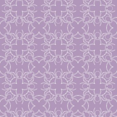 Menekşe arkaplanda kusursuz beyaz örümcekler var. Soyut yaratıcı kompozisyon. Geometrik örümcek süsü. Kumaş tasarımı, tekstil baskısı, ambalaj, yapıştırma kitabı vs. için vektör illüstrasyonu.