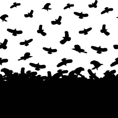 Beyaz arka planda siyah kuşlar. Siyah siluet. Kusursuz desen. Kumaş tasarımı için vektör illüstrasyonu, tekstil, hatıra defteri, yaratıcı tasarım veya logo için baskı.