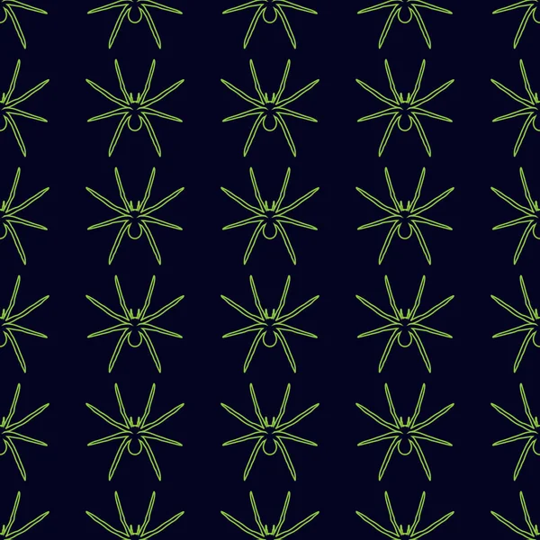 黑暗背景下的绿色蜘蛛的无缝图案 抽象的创造性作文 蜘蛛装饰品 织物设计 纺织品印刷 废料预订等方面的矢量图解 — 图库矢量图片