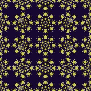 Koyu bir arka planda, kusursuz sarı örümcekler. Soyut yaratıcı kompozisyon. Geometrik örümcek süsü. Kumaş tasarımı, tekstil baskısı, ambalaj, yapıştırma kitabı vs. için vektör illüstrasyonu.