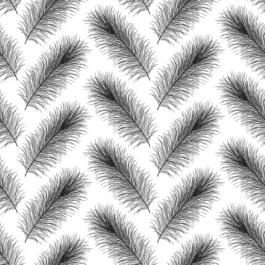 Beyaz arka planda zarif siyah tüyler. Kusursuz vektör çizimi. Ambalaj kağıdı, ağ, duvar kağıdı, tekstil, hatıra defteri, baskı vs. için siyah beyaz doku. Yaratıcı tüy arka planı.