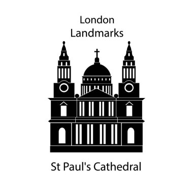 İngiltere ve Londra simgeleri siyah ve beyaz renklerde. Londra şehir illüstrasyonu, Aziz Paul Katedrali.