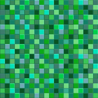 Yeşil mozaik arka planı olan kusursuz bir model. Değişken elementli haotik yeşil fayanslar. Kare deseni. Soyut vektör çizimi. Paketleme, ağ arkaplanı, kumaş, dekor, yüzey için yazdır.