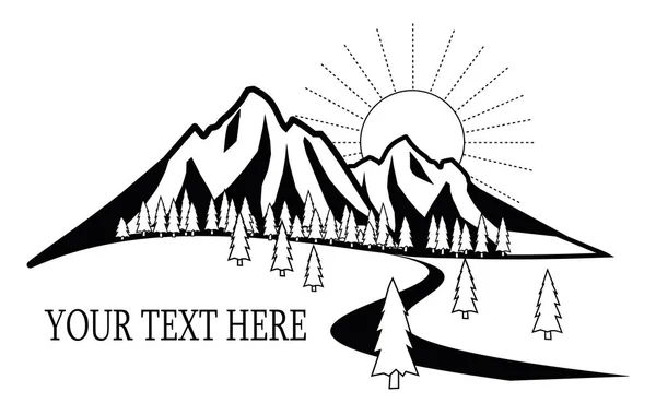 Logo der Berge mit Wald und Sonnenuntergang — Stockvektor