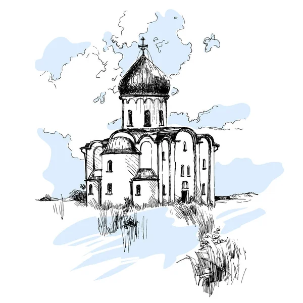 Handgezeichnete russische Kirche, städtische Skizze — Stockvektor