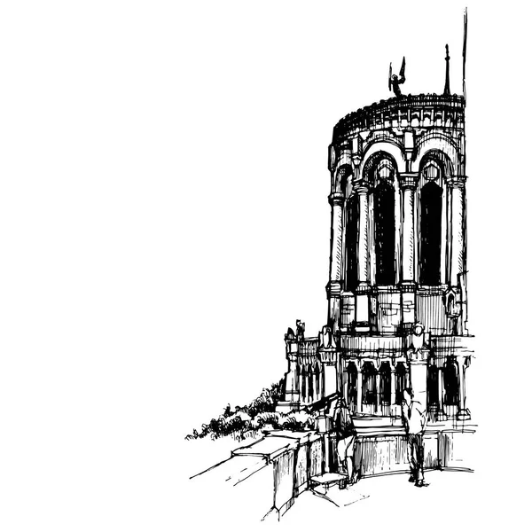 Hand dras Basilica of Notre-Dame de Fourviere, mindre basilikan i Lyon urban skiss. Vektorillustration. — Stock vektor