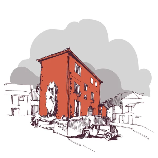 Hand ritade gamla hus och bilar, radhus urban skiss — Stock vektor