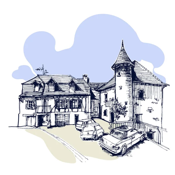 Ruky nakreslené stará věž s venkovského domu a auta, dům městské skica — Stockový vektor